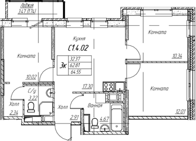 2-комнатная квартира 64.55 м², 3/22 эт., ЖК «Парк-квартал Юнтолово»